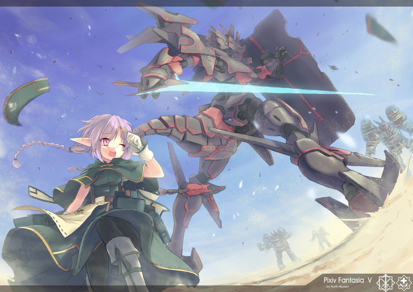black_legwear boots braid gloves highres lavender_hair letterboxed mecha north_abyssor one_eye_closed one_knee open_mouth panties panties_under_pantyhose pantyhose pink_eyes pixiv_fantasia pixiv_fantasia_5 pointy_ears shield sword twin_braids underwear weapon