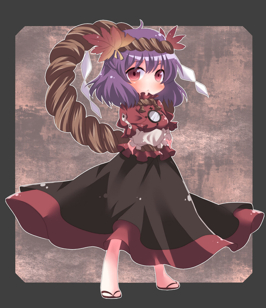 boooo-im highres leaf purple_hair red_eyes rope shimenawa short_hair solo touhou yasaka_kanako