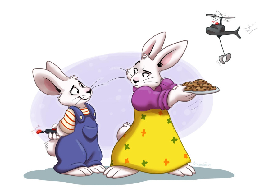 2019 aircraft anthro by-nc-nd clothing cookie creative_commons female food fur helicopter hi_res lagomorph male mammal max_(max_and_ruby) max_and_ruby orlandofox rabbit ruby_(max_and_ruby) whiskers white_fur young