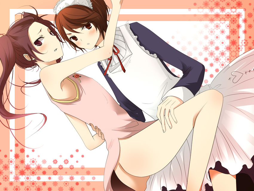 2boys ass axis_powers_hetalia blush brown_eyes brown_hair china_(hetalia) china_dress chinese_clothes dress frown highres hong_kong_(hetalia) hug long_hair looking_back maid maid_headdress male male_focus multiple_boys no_panties open_mouth purple_eyes purple_hair short_hair sitting trap twintails