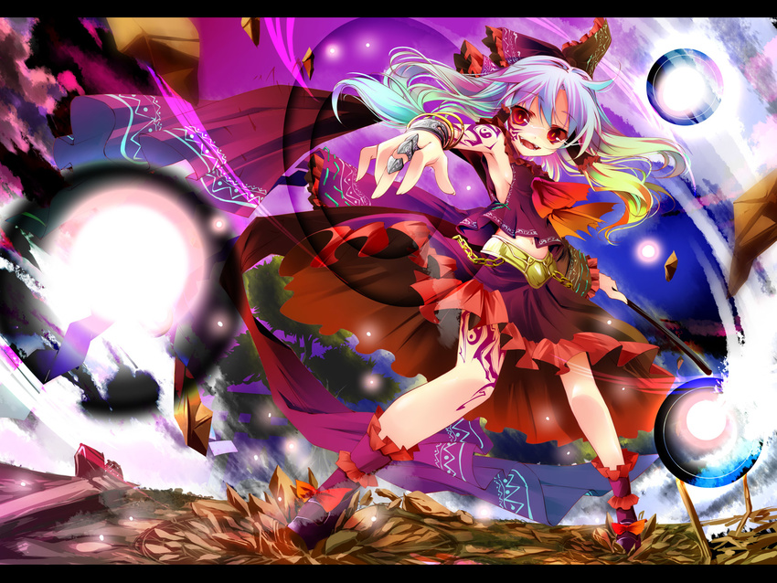 adapted_costume alternate_color blue_hair bow bracelet broken_ground chain colorful danmaku facial_mark fangs frills hair_bow hakurei_reimu highres jewelry kamiya_yuu letterboxed long_hair m.u.g.e.n maga-reimu markings mary_janes md5_mismatch midriff multicolored_hair navel outstretched_arm red_eyes red_sclera ring shoes smile solo tattoo touhou yin_yang