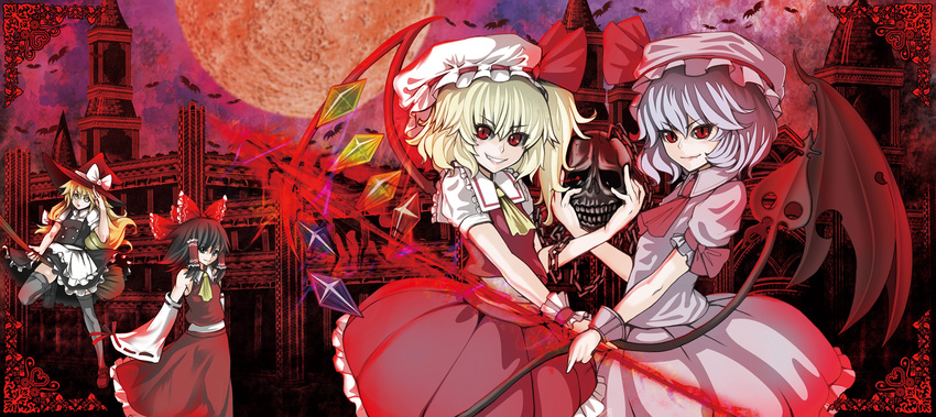 bat_wings blonde_hair blue_hair broom brown_hair chain flandre_scarlet grin hakurei_reimu hat highres kirisame_marisa laevatein moon multiple_girls remilia_scarlet scarlet_devil_mansion skull smile spear_the_gungnir tenjiku_nezumi touhou weapon wings witch_hat