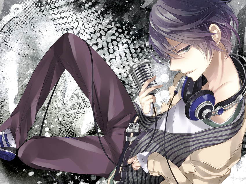 bad_id bad_pixiv_id blue_eyes copyright_request headphones macco male_focus microphone perspective purple_hair sitting solo