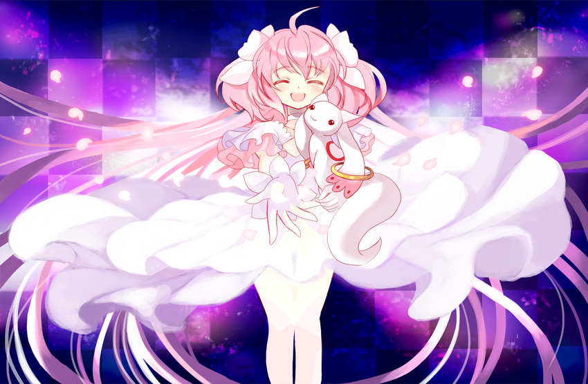 ahoge alternate_costume bad_id bad_pixiv_id closed_eyes kaname_madoka kyubey long_hair magical_girl mahou_shoujo_madoka_magica outstretched_hand pink_hair shiro_n smile spoilers two_side_up ultimate_madoka very_long_hair