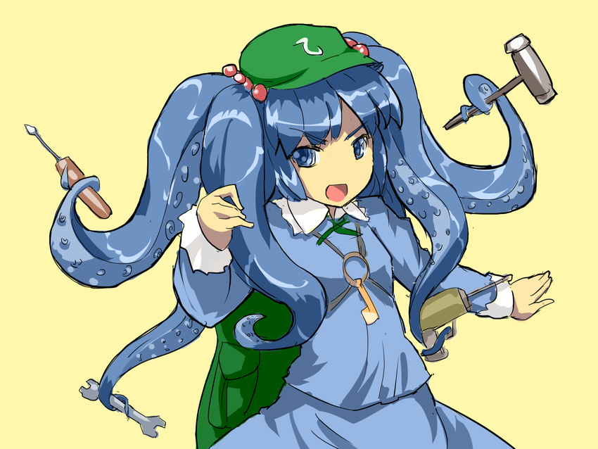 blue_eyes blue_hair hair_bobbles hair_ornament highres kawashiro_nitori key prehensile_hair short_hair sinzan solo tentacle_hair touhou two_side_up