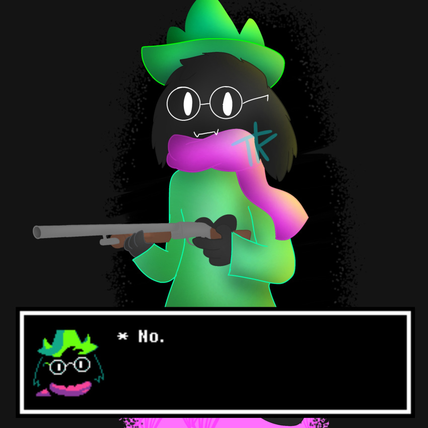 anthro caprine clothed clothing deltarune dialogue eyewear fur goat gun holding_object holding_weapon looking_at_viewer male mammal ralsei ranged_weapon reaction_image scarf shotgun tattlekat text video_games weapon