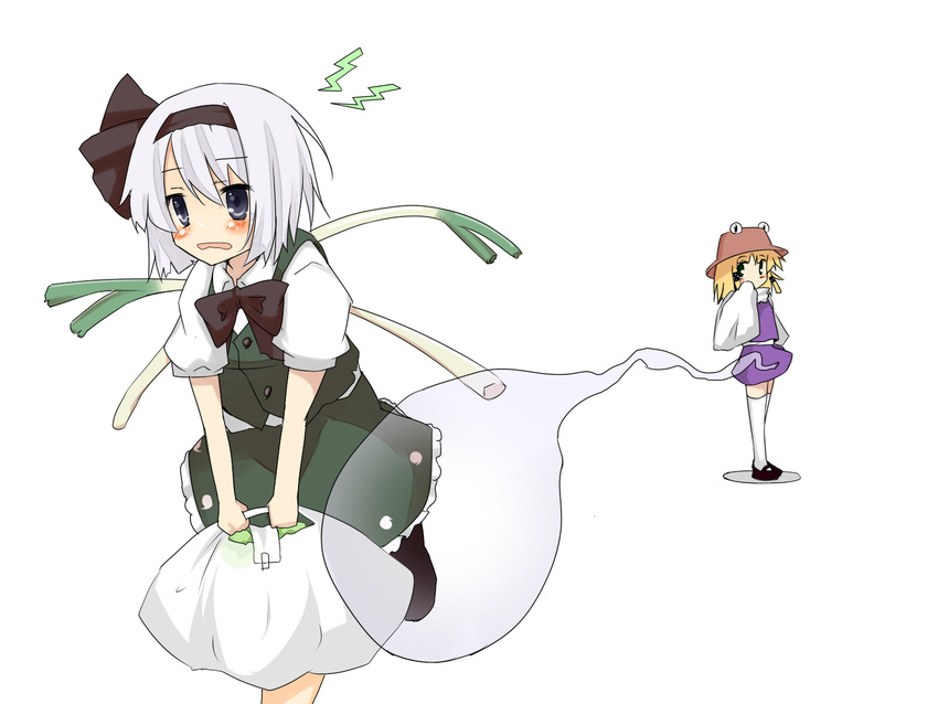 bag blush ghost katanakko_daisuki konpaku_youmu konpaku_youmu_(ghost) moriya_suwako multiple_girls running shopping_bag spring_onion touhou