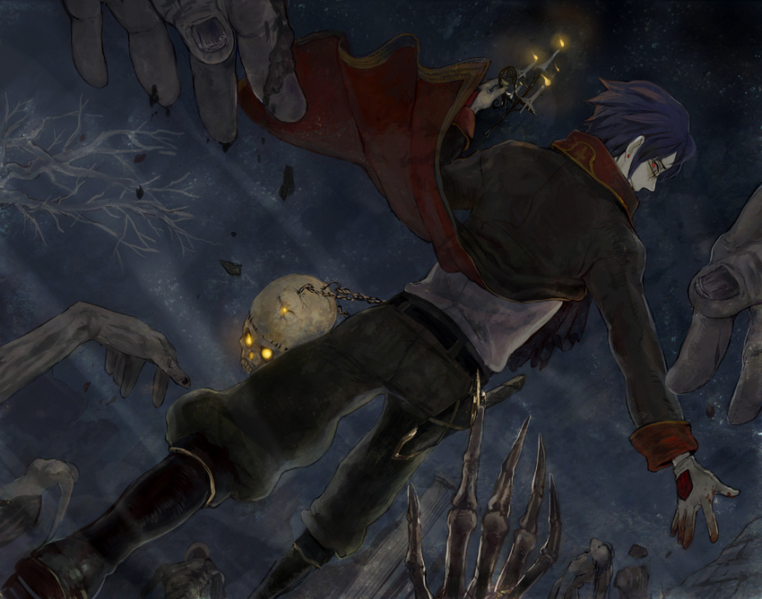 belt blood boots candle chain dutch_angle earrings from_behind gloves jewelry knife long_sleeves male_focus pants pixiv_fantasia pixiv_fantasia_4 red_eyes ririnra skeleton skull solo undead zombie