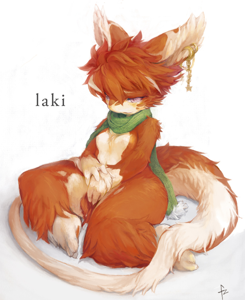 anthro dragon female fur fuzisawa hi_res hindpaw laki nude orange_fur paws scarf sitting solo tail