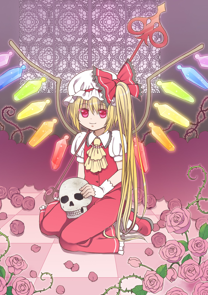absurdres ascot blonde_hair checkered checkered_floor dress flandre_scarlet flower hat hat_ribbon highres kurarin laevatein light_smile petals pink_flower pink_rose plant red_eyes ribbon rose rose_petals seiza short_hair side_ponytail sitting skull solo thorns touhou vines weapon wings