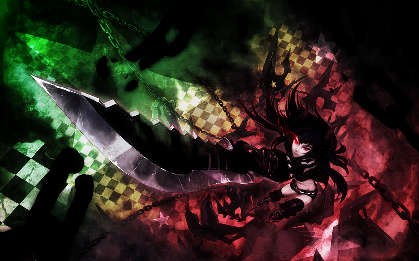 black_gold_saw black_rock_shooter chain horns red_eyes sword thighhighs un weapon