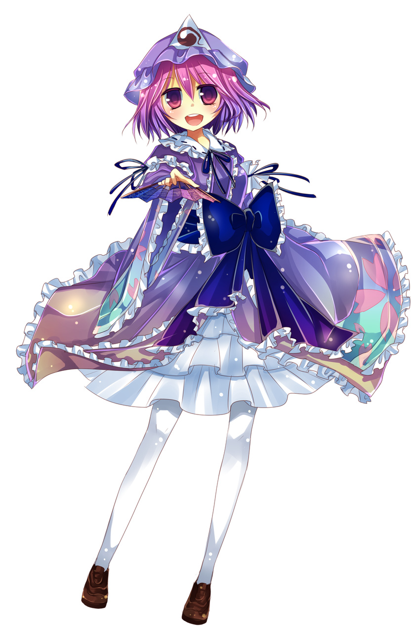 absurdres bad_id bad_pixiv_id fan folding_fan foreshortening full_body hat highres japanese_clothes kimono kusada_souta open_mouth pantyhose pink_eyes pink_hair saigyouji_yuyuko shoes smile solo standing touhou transparent_background white_legwear wide_sleeves