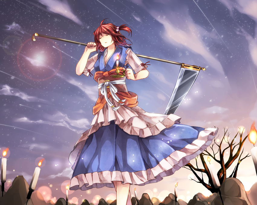 bad_id bad_pixiv_id breasts candle cleavage closed_eyes cloud hair_bobbles hair_ornament japanese_clothes lens_flare medium_breasts mutsuki_(ama245) obi onozuka_komachi open_mouth red_hair sash scythe shooting_star short_hair short_sleeves sky solo star star_(sky) touhou tree two_side_up weapon