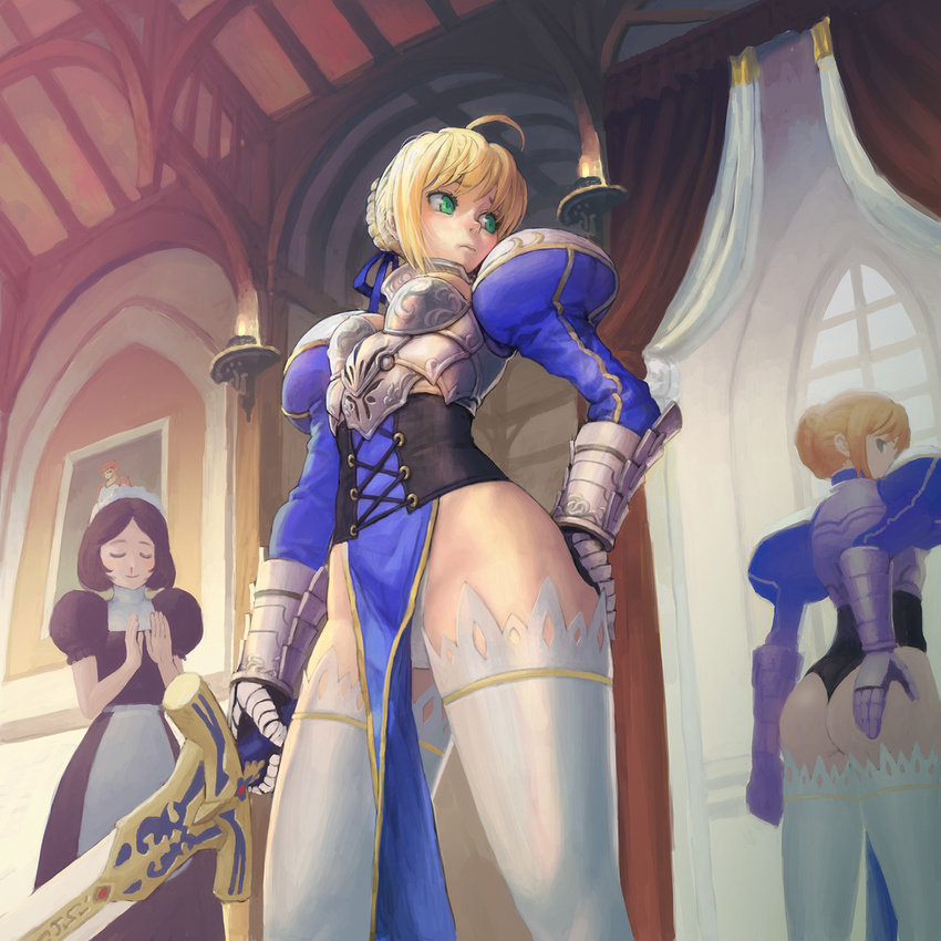 ahoge armor artoria_pendragon_(all) ass blonde_hair blood breastplate breasts caliburn clapping closed_eyes corset emiya_shirou fate/stay_night fate_(series) from_below gauntlets green_eyes hair_bun hair_ribbon hand_on_own_ass highres legs leotard looking_back loped maid mirror multiple_girls nosebleed painting_(object) pelvic_curtain reflection ribbon saber small_breasts solo_focus sword thighhighs thighs thong_leotard weapon white_legwear