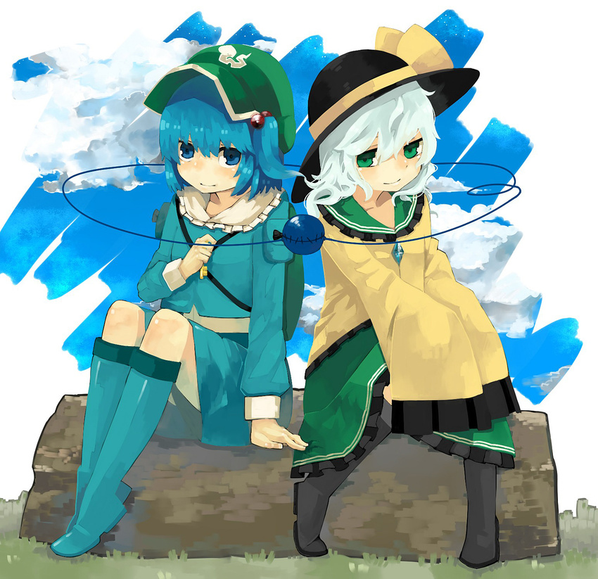 bad_id bad_pixiv_id blue_hair boots hat highres jpeg_artifacts kawashiro_nitori knee_boots komeiji_koishi multiple_girls rubber_boots short_hair sitting sleeves_past_wrists smile third_eye touhou tree_stump two_side_up white_hair wide_sleeves yomosaka