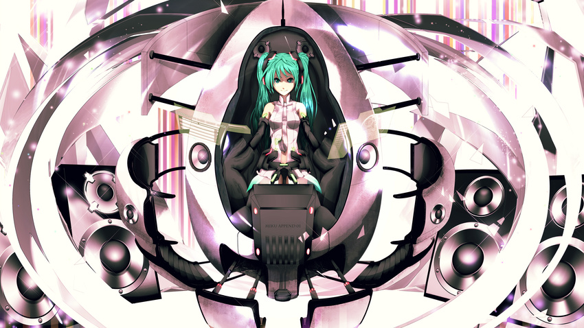 aqua_eyes aqua_hair bad_id bad_pixiv_id elbow_gloves gloves hatsune_miku hatsune_miku_(append) highres infinote long_hair necktie sitting smile solo speaker twintails vocaloid vocaloid_append