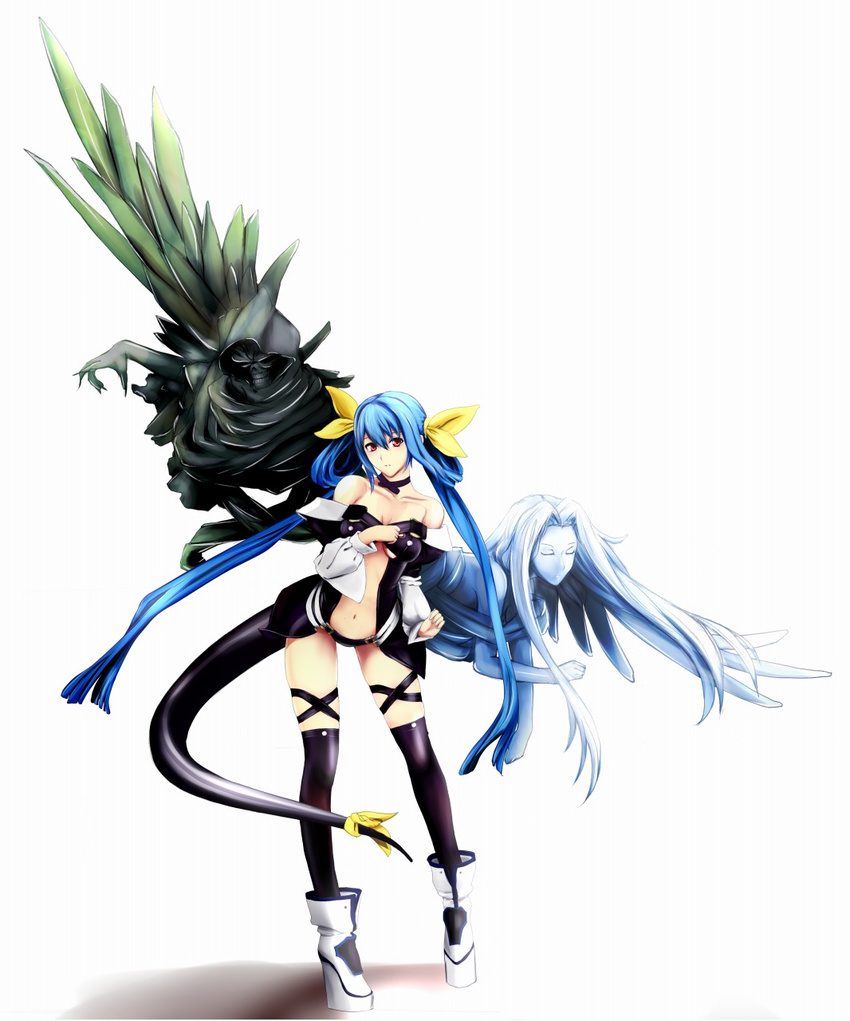 asymmetrical_wings bad_id bad_pixiv_id bare_shoulders blue_hair bow choker dizzy erise guilty_gear hair_bow highres legs long_hair navel necro_(guilty_gear) red_eyes ribbon standing tail tail_ribbon thighhighs twintails undine_(guilty_gear) wings