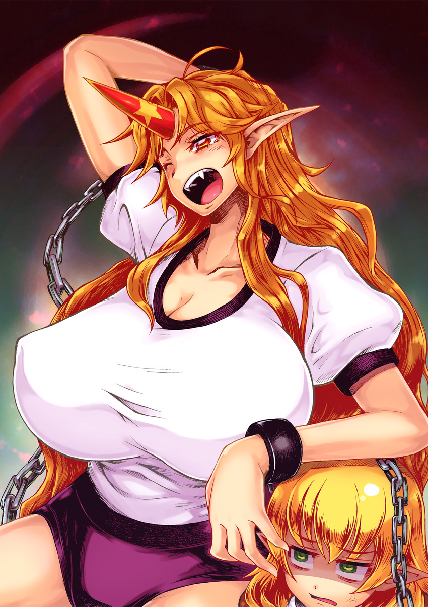 :o ;o absurdres ahoge alternate_costume anger_vein annoyed arm_behind_head arm_on_head arm_rest arm_up bangs blonde_hair blush breasts buruma chain cleavage collarbone cowboy_shot cuffs curvy eyebrows_visible_through_hair fangs green_eyes gym_shirt gym_uniform half-closed_eyes highres horn hoshiguma_yuugi huge_breasts long_hair long_pointy_ears looking_at_another looking_away looking_down looking_to_the_side looking_up messy_hair mizuhashi_parsee multiple_girls one_eye_closed open_mouth orange_eyes orange_hair parted_lips pointy_ears puffy_short_sleeves puffy_sleeves purple_buruma raised_eyebrows red_eyes sentarou shaded_face shirt short_hair short_pointy_ears short_sleeves sidelocks sitting solo_focus star taut_clothes taut_shirt tears tongue touhou upper_teeth very_long_hair wavy_hair white_shirt yawning