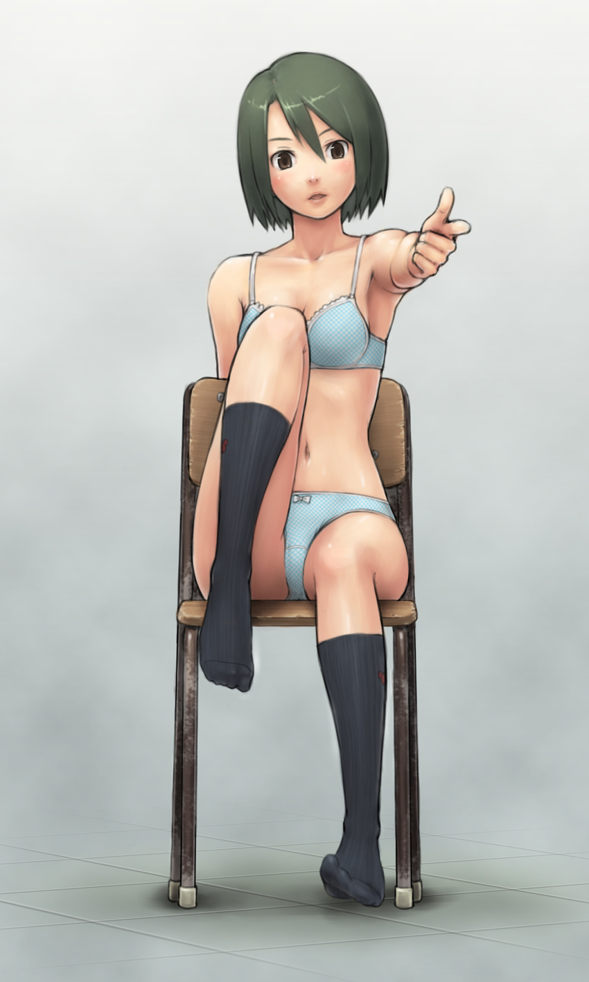 absurdres armpits bare_shoulders black_legwear blue_panties bob_cut bow bow_panties bra breasts brown_eyes chair cleavage collarbone feet feet_on_chair finger_gun foreshortening full_body green_hair highres knee_up lingerie medium_breasts navel open_mouth original panties pointing short_hair sitting socks solo underwear underwear_only yoshikawa_hazure