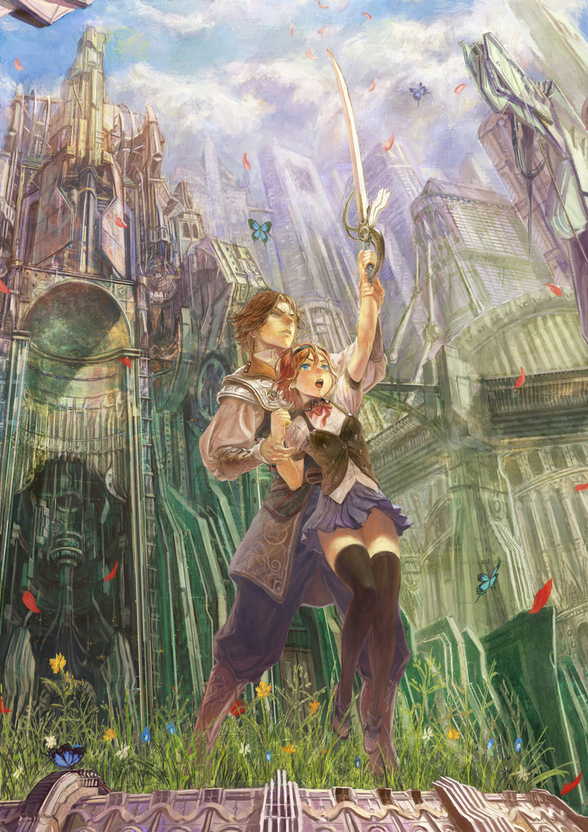 1girl arata_yokoyama arm_grab arm_up black_legwear blue_eyes bob_cut boots bow brown_hair bug building butterfly cloud day fantasy feathers flower grass hairband height_difference highres insect original red_hair short_hair skirt sky sword thighhighs vest weapon zettai_ryouiki