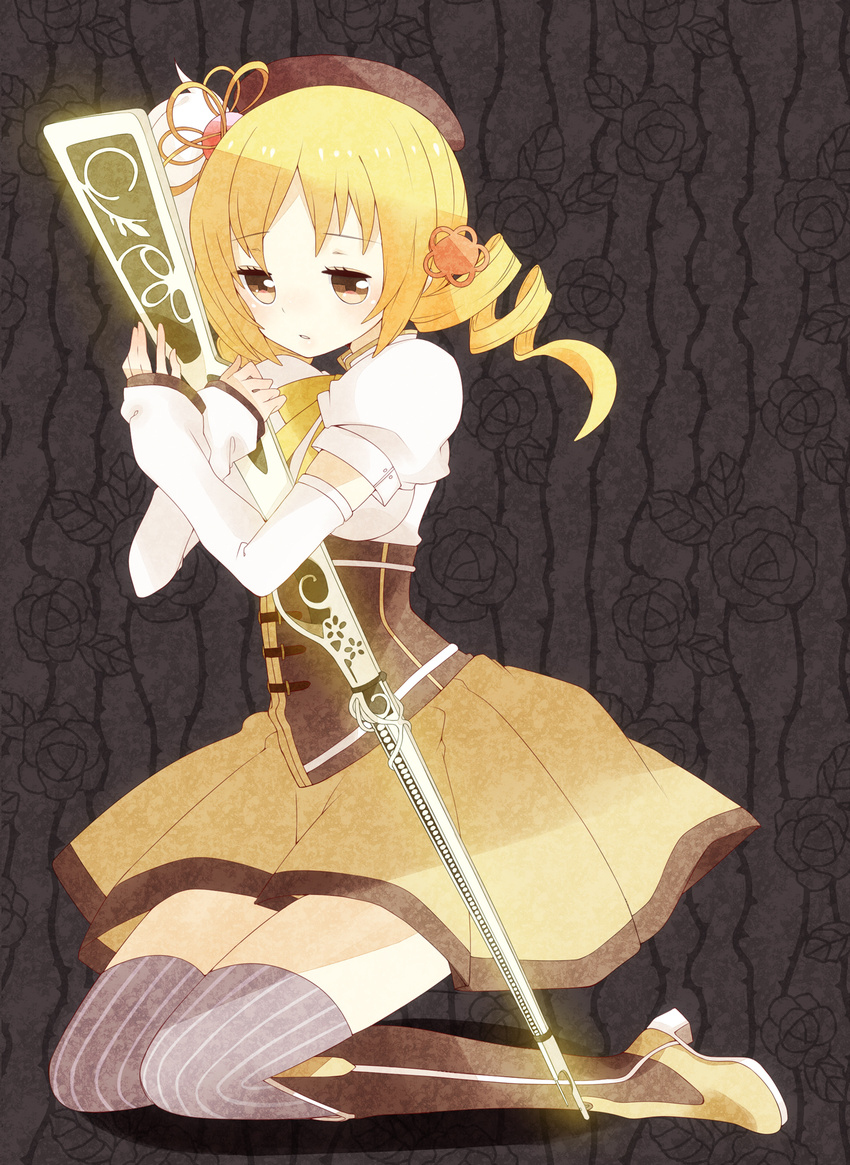 bad_id bad_pixiv_id beret blonde_hair blush boots bow brown_legwear chico152 detached_sleeves drill_hair gun hair_ornament hairpin hat highres kneeling magical_girl magical_musket mahou_shoujo_madoka_magica open_mouth pleated_skirt puffy_sleeves ribbon rifle skirt solo striped striped_legwear thighhighs tomoe_mami twin_drills twintails vertical-striped_legwear vertical_stripes weapon yellow_eyes zettai_ryouiki