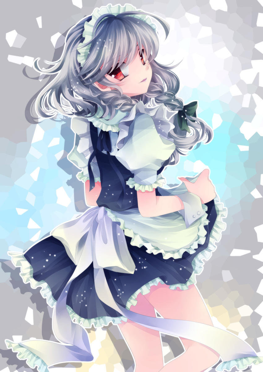 absurdres bad_id bad_pixiv_id braid highres izayoi_sakuya maid maid_headdress mikazuki_sara red_eyes short_hair silver_hair solo touhou twin_braids