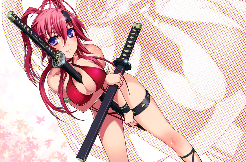 bikini blue_eyes cleavage hyakka_ryouran_samurai_girls katana red_hair swimsuit sword tagme_(artist) weapon yagyuu_juubei zoom_layer