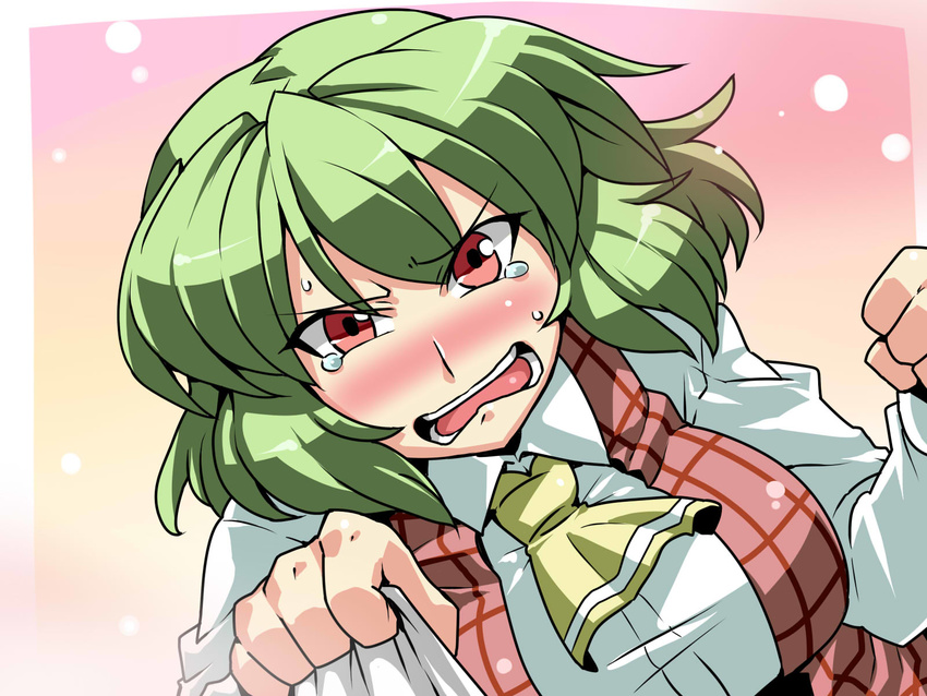ascot blush breasts clenched_hand embarrassed green_hair highres kazami_yuuka large_breasts open_mouth pov red_eyes shirt_grab solo tears touhou tsuki_wani tsundere