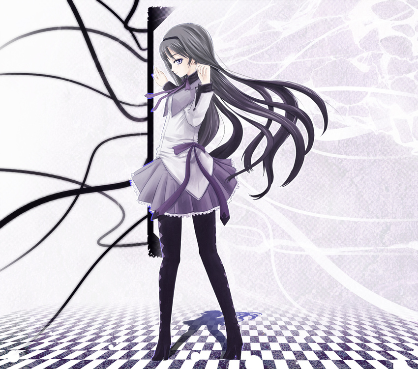 akemi_homura black_hair black_hairband checkered checkered_floor from_behind hairband high_heels kanata_ryou long_hair looking_back mahou_shoujo_madoka_magica pantyhose purple_eyes shadow shoes solo