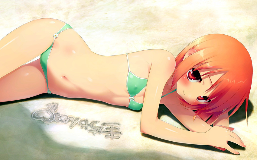 1girl akino_momiji beach bikini blush erect_nipples flat_chest gayarou hands highres lowleg lowleg_bikini lying midriff navel nipples on_side orange_hair red_eyes sakura_musubi short_hair smile swimsuit thigh_gap thighs wallpaper