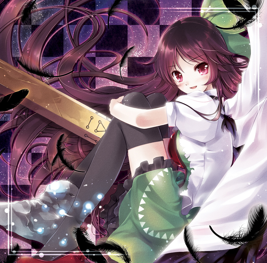 arm_cannon black_legwear bow brown_hair cape checkered checkered_background commentary_request feathers green_bow hair_bow highres leg_hug long_hair miyase_mahiro red_eyes reiuji_utsuho solo thighhighs third_eye touhou weapon wings