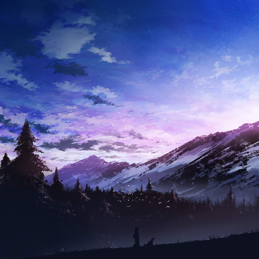 1girl bird blue_sky cloud dog forest grass highres landscape mountain nature original pine_tree scenery silhouette sky solo star_(sky) starry_sky tree walking