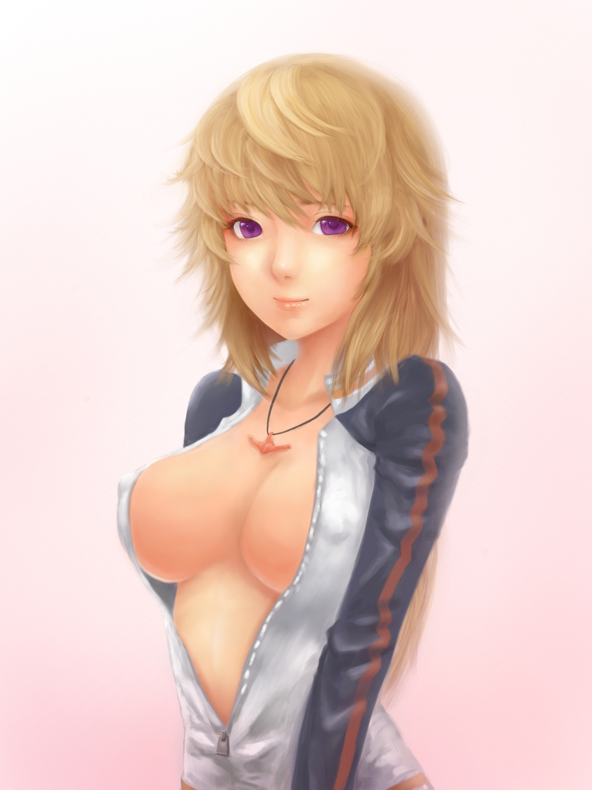 bad_id bad_pixiv_id blonde_hair breasts charlotte_dunois cleavage covered_nipples highres infinite_stratos jacket jewelry kaisa large_breasts long_hair necklace open_clothes open_shirt purple_eyes realistic shirt solo track_jacket