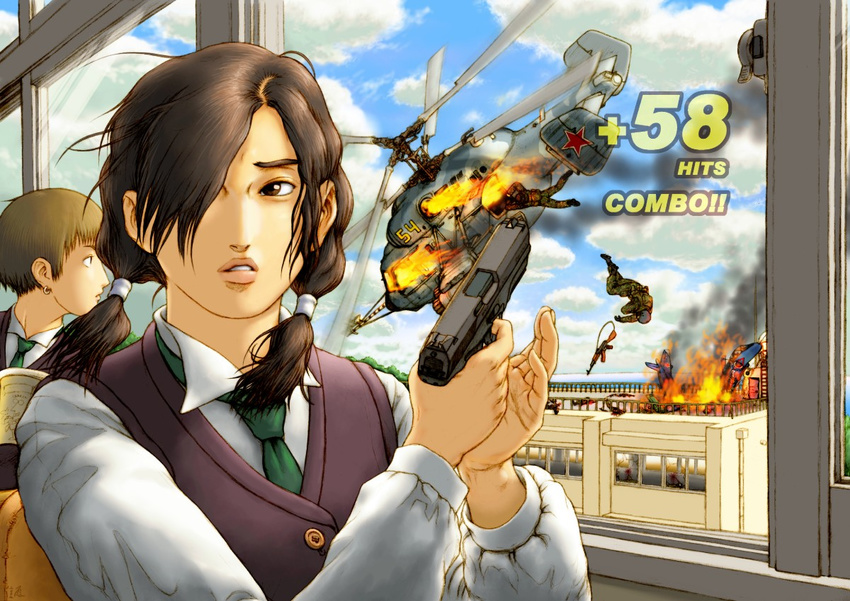 aircraft airplane ak-47 assault_rifle blood bodies broken brown_hair city cityscape cloud copyright_request day destruction falling fire gameplay_mechanics gun handgun helicopter kamov_ka-27 military military_uniform multiple_girls rifle school_uniform short_hair sky smoke steyr_m9 tenji_sanmon twintails uniform weapon wreckage yak-38