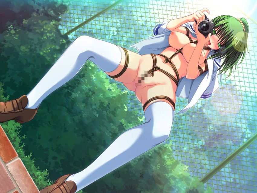 blush bondage breasts camera censored game_cg green_eyes green_hair hoshizuki_akira nipples open_shirt pussy soushinjutsu_rei thighhighs