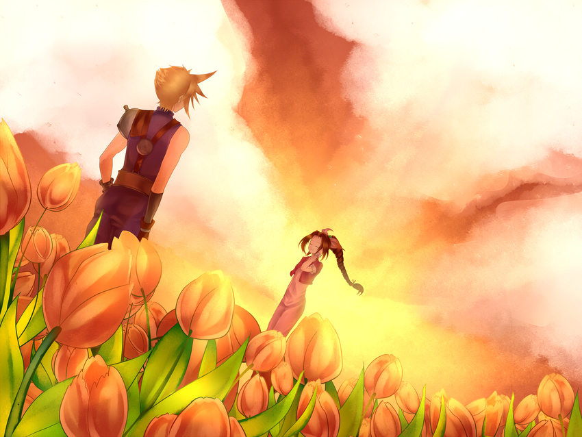 1girl aerith_gainsborough bad_id bad_pixiv_id blonde_hair bracelet braid brown_hair cloud_strife cropped_jacket dress dutch_angle final_fantasy final_fantasy_vii flower gloves hair_ribbon heki_kiri highres jewelry long_hair pink_dress ponytail ribbon single_braid sunset