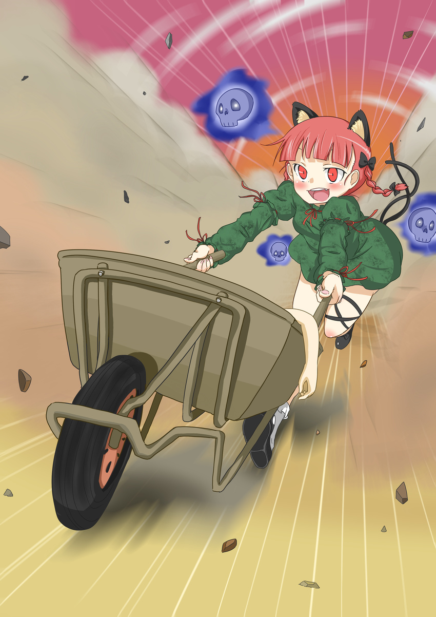 absurdres animal_ears bow braid cat_ears cat_tail extra_ears highres kaenbyou_rin multiple_tails open_mouth red_eyes red_hair running short_hair solo tail touhou twin_braids twintails wheelbarrow zk_(zk_gundan)