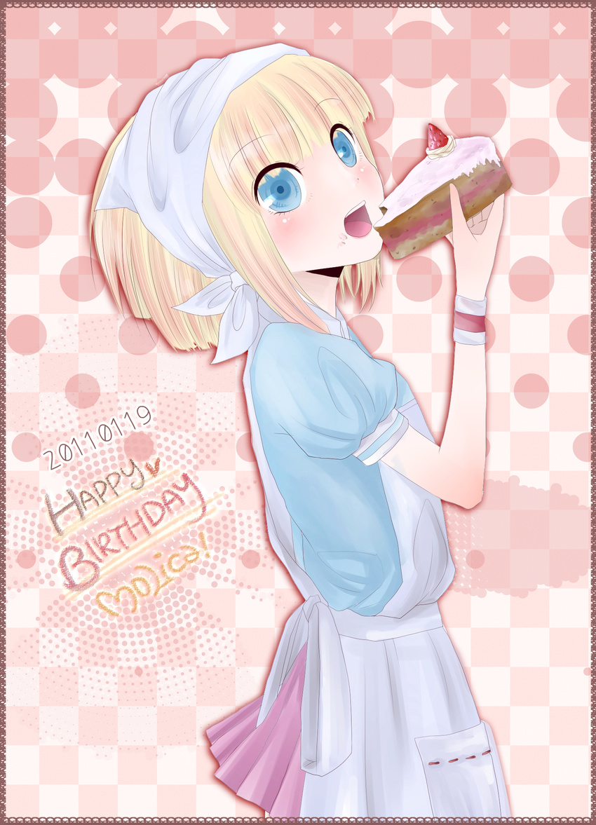 apron bad_id bad_pixiv_id blonde_hair blue_eyes cake eating food head_scarf highres monicanc open_mouth original solo