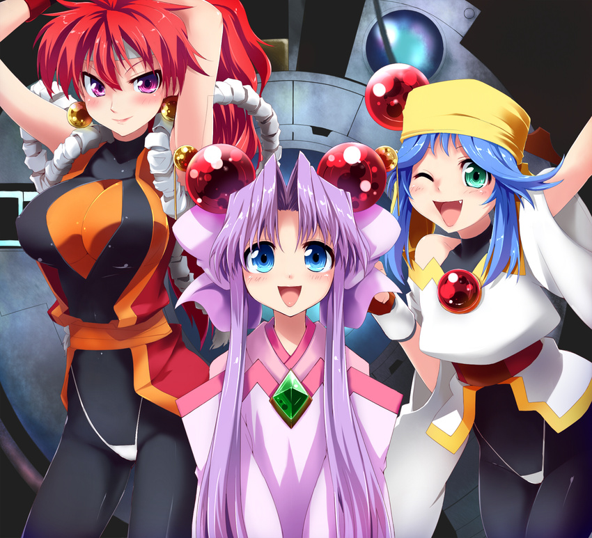 arms_up bandana bloodberry blue_eyes blue_hair bow breasts cherry_(saber_j) earrings fang green_eyes grune hair_ornament highres japanese_clothes jewelry large_breasts lime_(saber_j) long_hair multiple_girls one_eye_closed open_mouth pink_bow purple_eyes purple_hair red_hair saber_marionette_j twintails