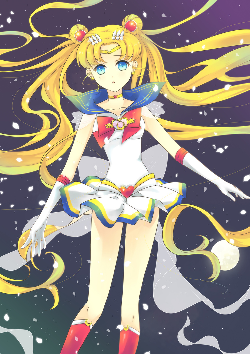 back_bow bad_id bad_pixiv_id bishoujo_senshi_sailor_moon blonde_hair blue_eyes blue_sailor_collar boots bow brooch ceru choker double_bun elbow_gloves full_moon gloves hair_ornament hairpin heart heart_choker highres jewelry knee_boots long_hair magical_girl moon multicolored multicolored_clothes multicolored_skirt petals pleated_skirt red_bow ribbon sailor_collar sailor_moon sailor_senshi_uniform see-through skirt solo super_sailor_moon tiara tsukino_usagi twintails very_long_hair white_gloves yellow_choker