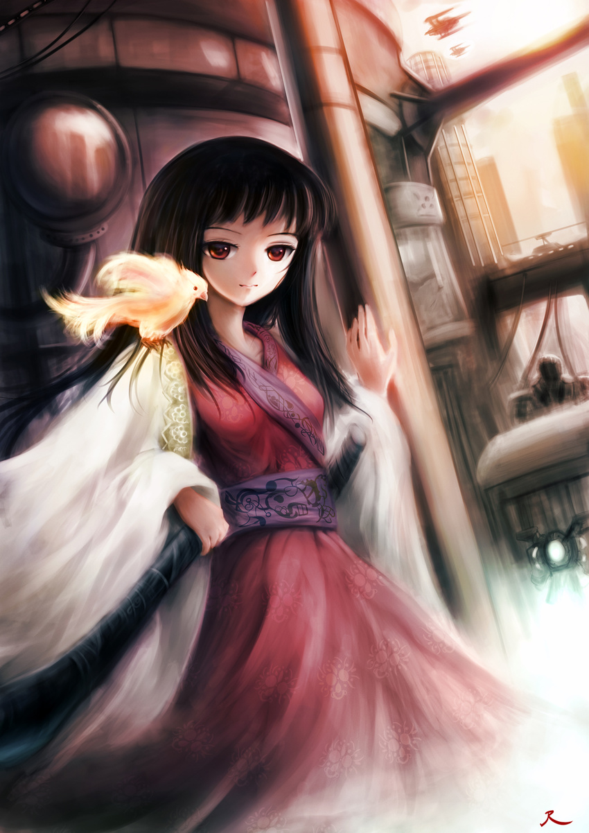 alternate_costume bad_id bad_pixiv_id bird black_hair eyelashes fujiwara_no_mokou fujiwara_no_mokou_(phoenix) helrouis highres houraisan_kaguya japanese_clothes light_smile phoenix red_eyes solo touhou