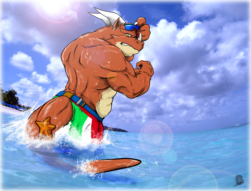 beach claws dragon ear_piercing earring fangs hi_res horns looking_at_viewer male muscles piercing reptile scalie seaside solo standing sunglasses swimsuit tail timberwolfmax water wet yellow_eyes