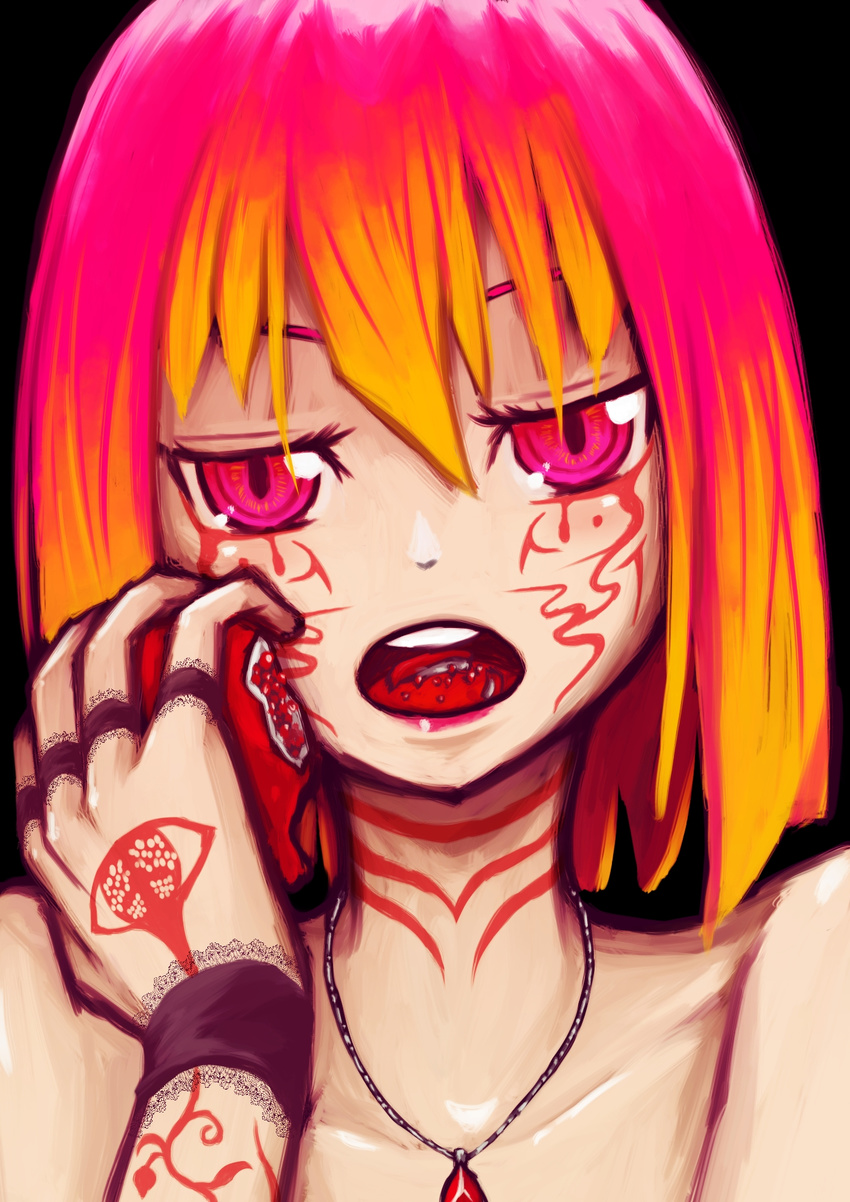1girl eating female food fruit girl gradient_hair highres jewelry multicolored_hair necklace open_mouth original pomegranate samael_(5211) samael_2 slit_pupils solo tattoo wrist_cuffs