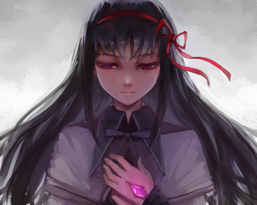 akemi_homura black_hair charimei face hands_on_own_chest long_hair magical_girl mahou_shoujo_madoka_magica simple_background smile solo upper_body