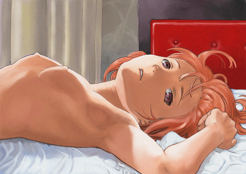 armpits bed breasts lying nipples nude on_back orange_hair original parted_lips purple_eyes realistic saitani_umetarou short_hair small_breasts solo upper_body