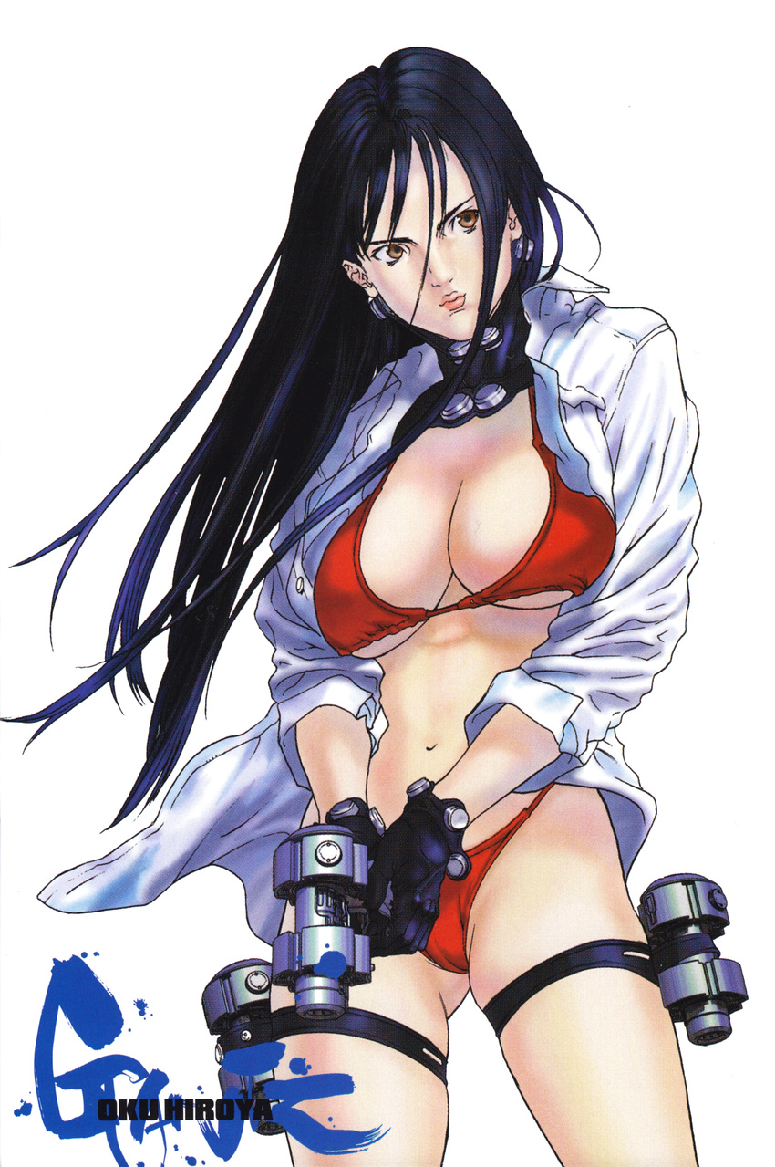 absurdres bikini blue_hair breasts brown_eyes cleavage gantz gun highres large_breasts long_hair oku_hiroya open_clothes open_shirt reika shimohira_reika shirt swimsuit weapon