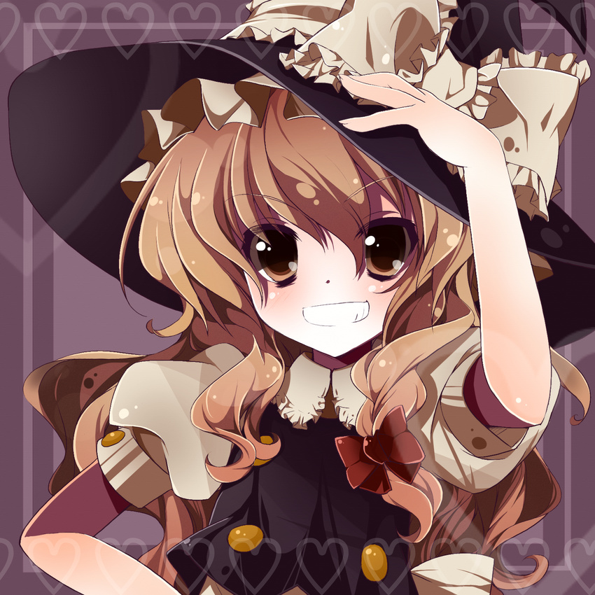 bad_id bad_pixiv_id blonde_hair braid brown_eyes colorized gotou_nao grin hand_on_headwear hand_on_hip hat highres kirisame_marisa rairateru smile solo touhou upper_body witch_hat