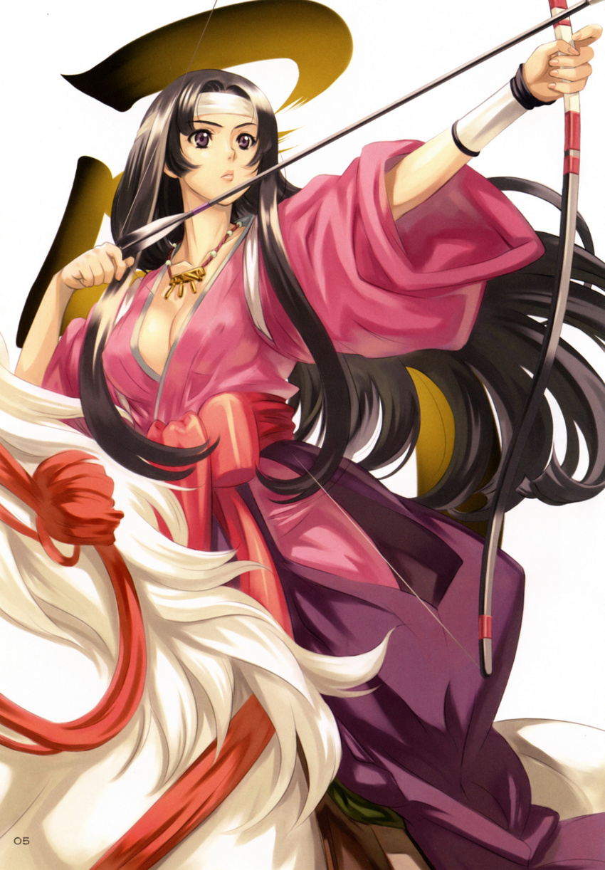 absurdres aiming archery arrow black_hair bow_(weapon) breasts cleavage copyright_request drawing_bow eiwa headband highres holding holding_arrow holding_bow_(weapon) holding_weapon horse horseback_riding japanese_clothes jewelry large_breasts long_hair necklace outstretched_arm purple_hair riding solo very_long_hair weapon