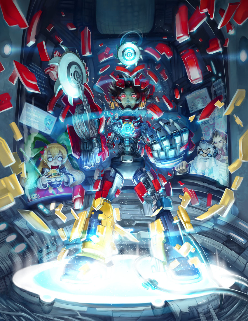 2girls anger_vein blonde_hair blue_eyes hector_enrique_sevilla_lujan highres kobun long_hair metalman metool multiple_boys multiple_girls rockman rockman_dash roll thomas_light time_paradox tron_bonne