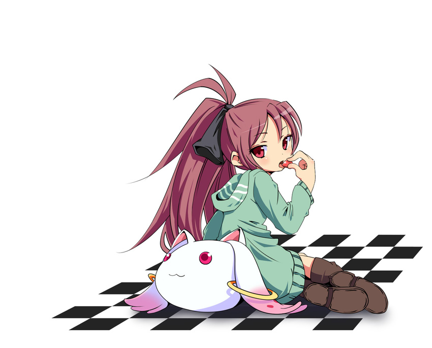 :3 animal_ears antenna_hair bad_id bad_pixiv_id blush boots casual cat_ears character_doll checkered checkered_floor doll earrings eating food from_behind fruit hair_ribbon hood hoodie jewelry kyubey long_hair looking_back mahou_shoujo_madoka_magica open_mouth pink_eyes pink_hair ponytail ribbon sakura_kyouko sitting solo strawberry striped take_(office-t) thigh_boots thighhighs tongue